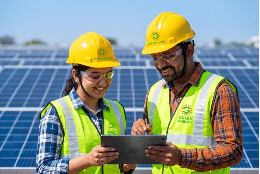 Two expert solar technicians discussing the best solar panel installation cost and layout on a tablet.