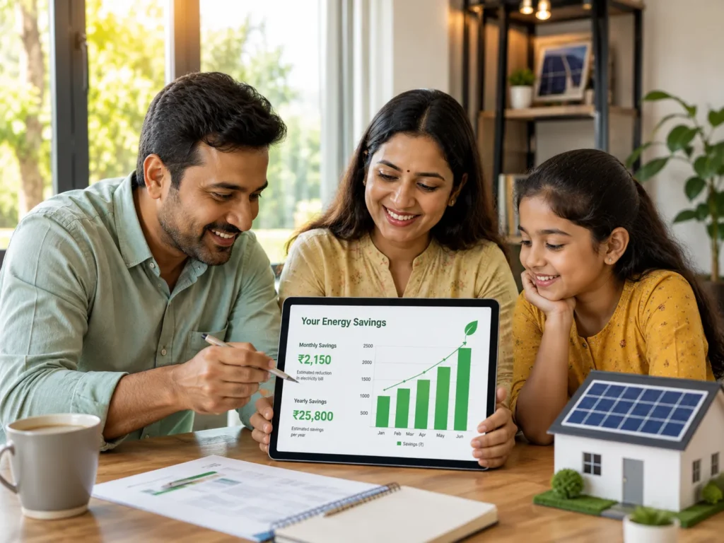 Happy family using a tablet to calculate their solar energy savings
