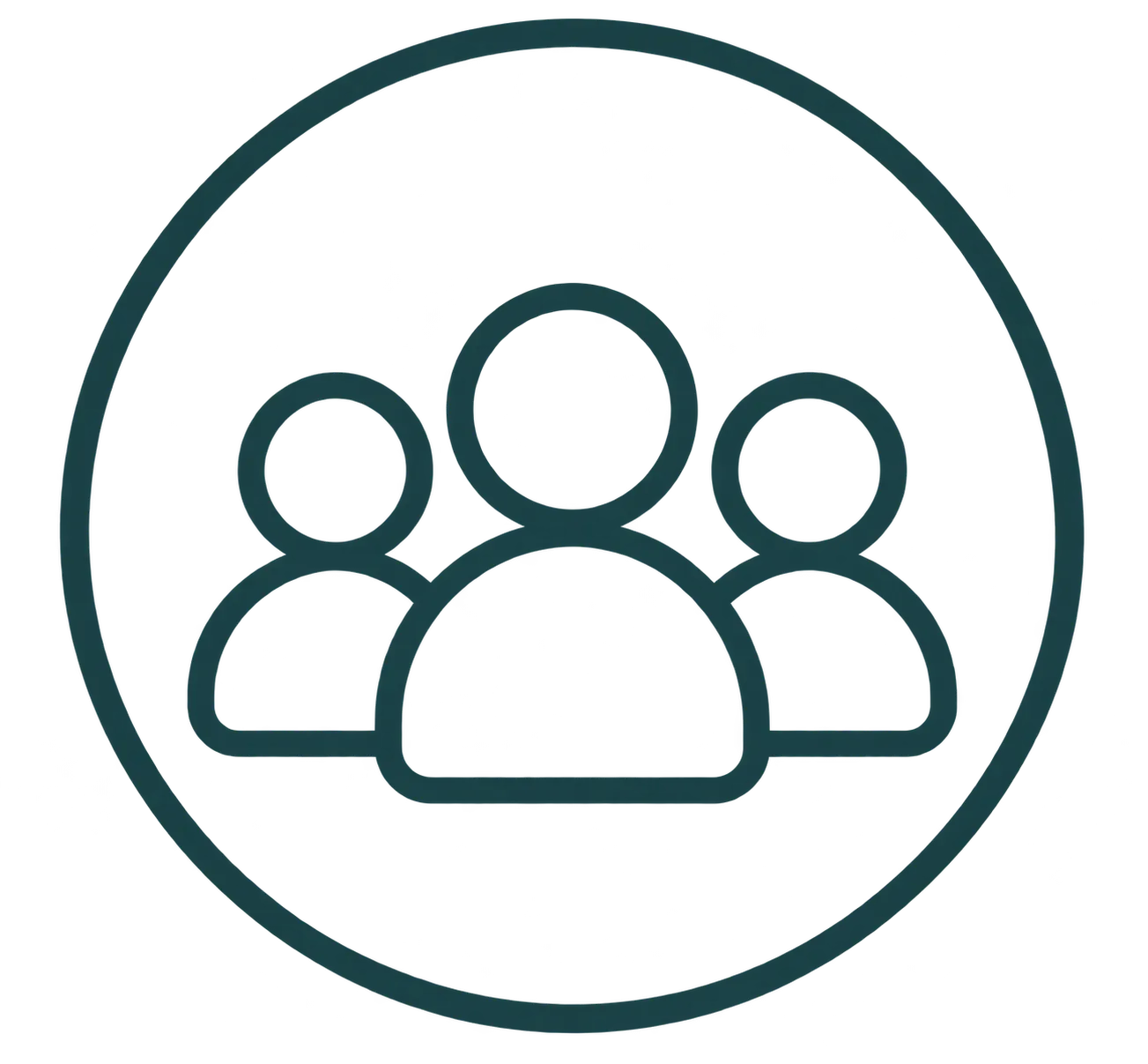 Dark teal outline icon of a group of three people representing a customer community