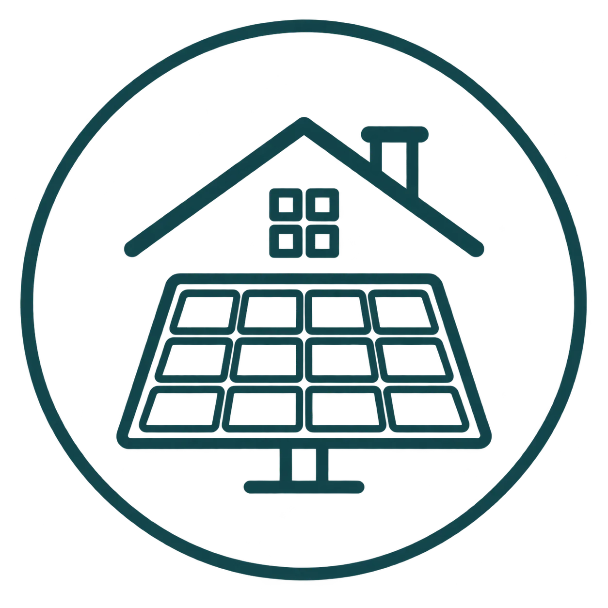 Neon green outline icon of a house roof and solar panel grid