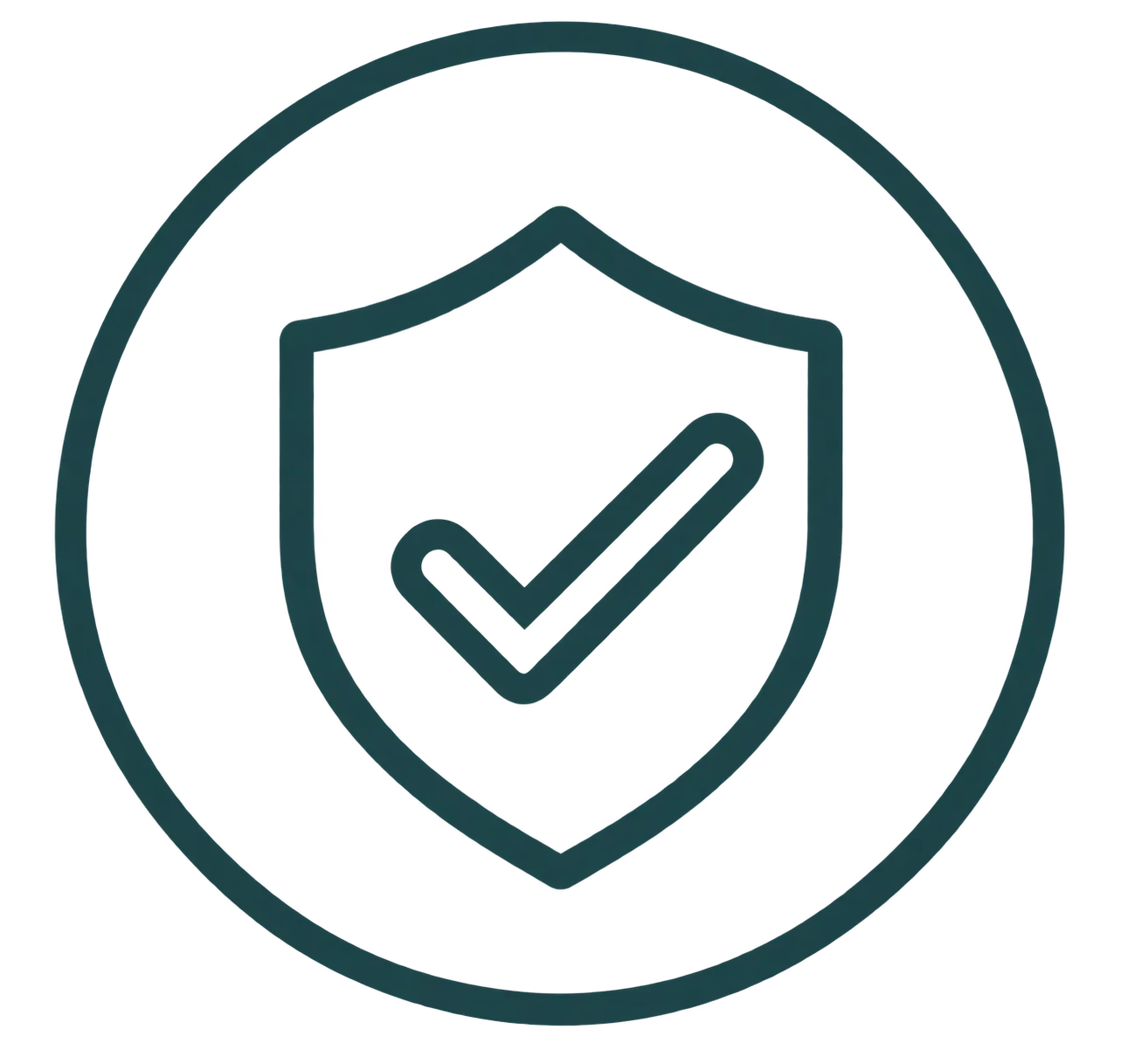 Dark teal outline icon of a shield with a checkmark representing solar warranty and safety