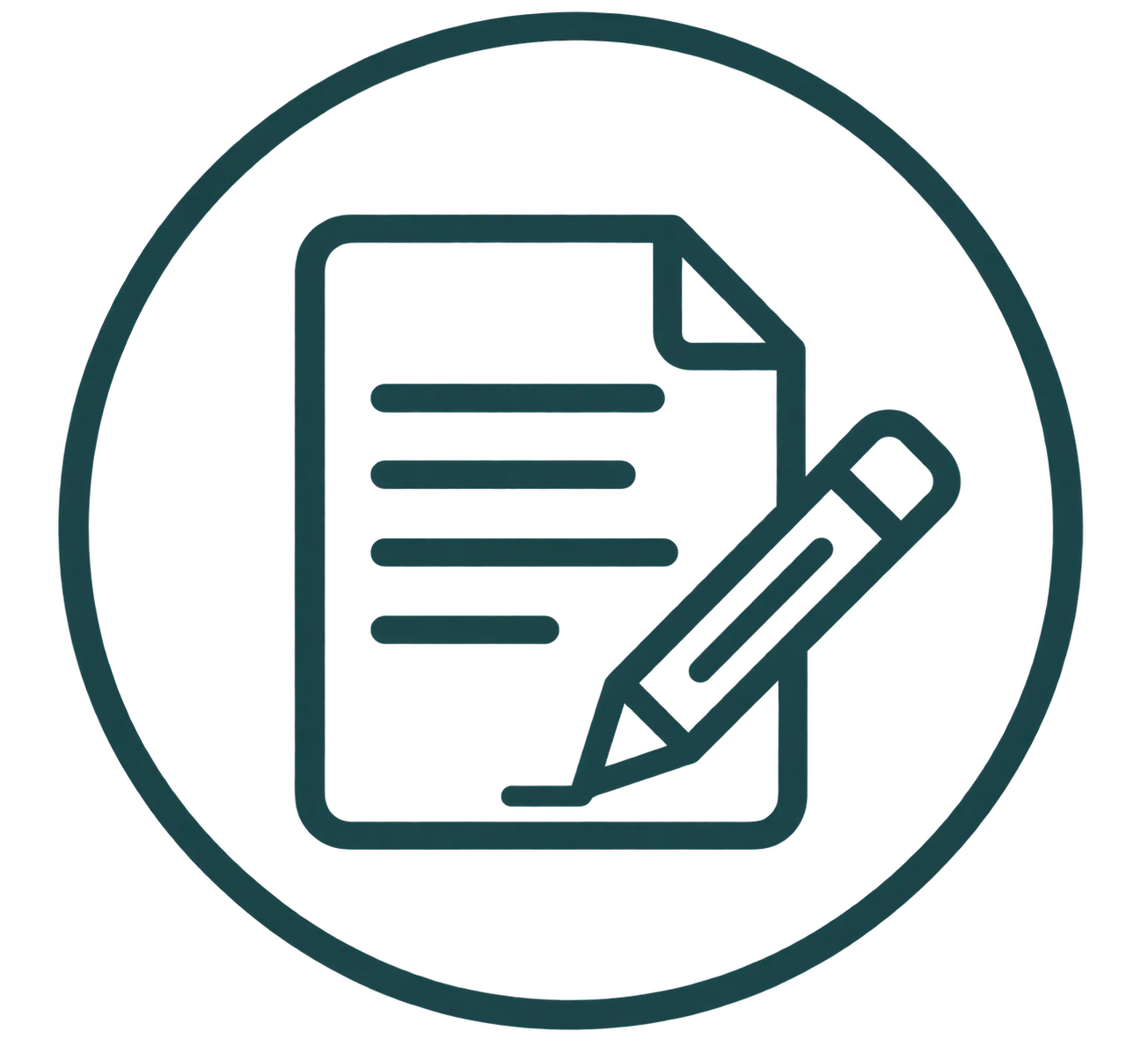 Dark teal outline icon of a document and pencil representing solar guides and paperwork