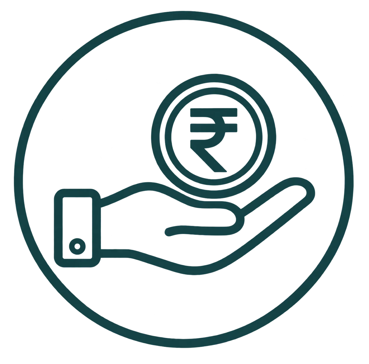 Dark teal outline icon showing a hand holding an Indian Rupee coin representing solar savings