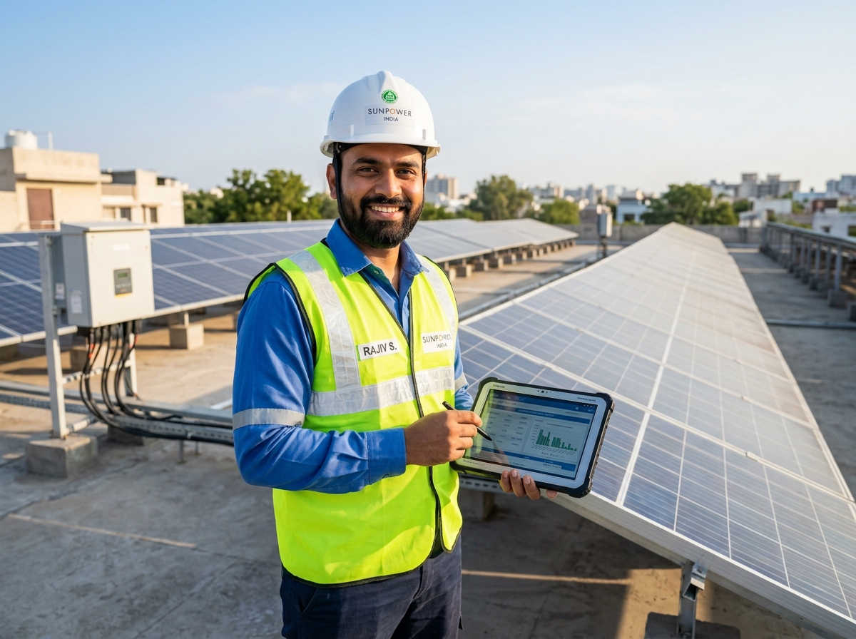 Certified Green Energy solar expert engineer inspecting rooftop solar panel installation in Gujarat